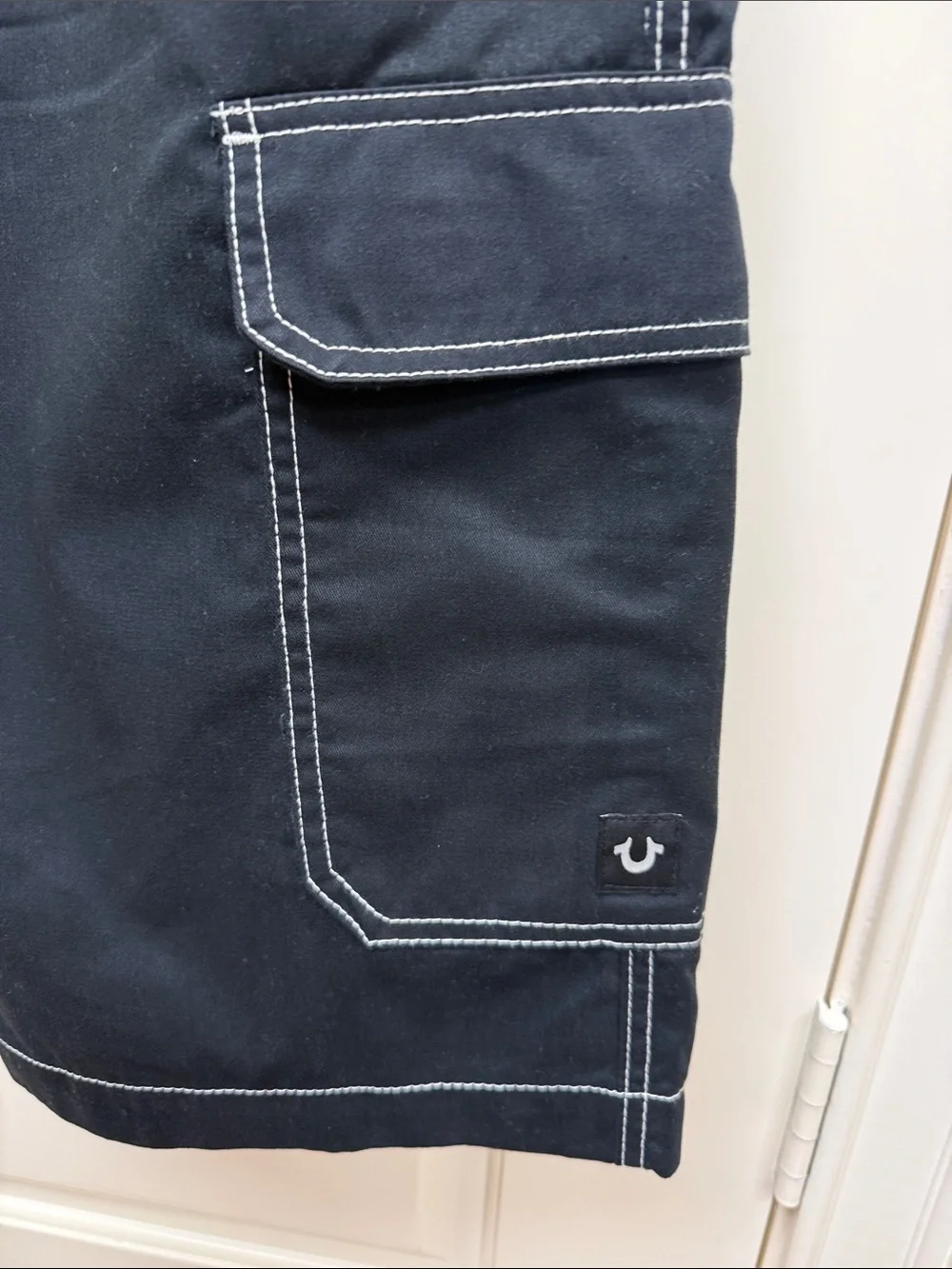 True Religion Black Cargo Shorts with White Contrast Stitching